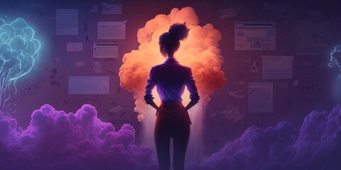 Wall Mural - bright idea and creative thinking, visualization of brainstorming, business woman, fictional person created with generative ai