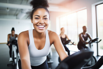 Wall Mural - Group fitness class , featuring participants engaged in an energetic workout, such as spinning, aerobics, set against a bright, gym studio background