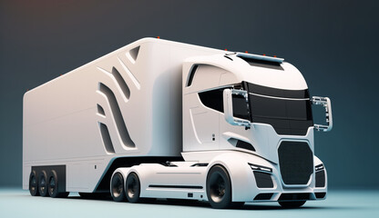 This 3D illustration depicts a sleek truck with Background, City futuristic transport. Isolated white background