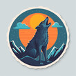 Wolf howling at the moon, cartoon sticker. Vivid, contrasting colors, bold linework. Generative AI.