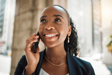 Wall Mural - Happy black woman, phone call and city for discussion, communication or networking. Face of African female person smile and talking on smartphone for business conversation or advice in an urban town