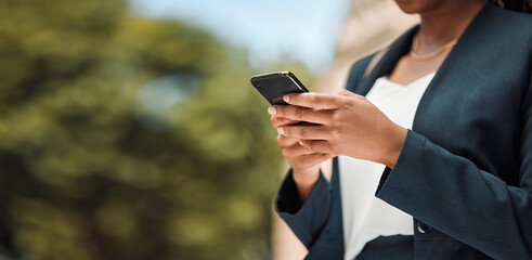 Poster - Woman, hands and phone in city for communication, social media or networking outdoors. Closeup of female person chatting, texting or typing on mobile smartphone app for online browsing in urban town