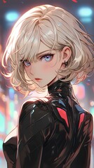 Wall Mural - attractive female villain with beautiful blonde short hair in latex cybersuit, raining in neo cyberpunk Tokyo, intimidating dark fantasy  character design concept. generative AI 