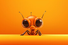 Funny Cartoon Insect On Orange Background, 3d Illustration, Space For Text