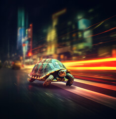 Turtle running extremely fast on busy city street, Generative AI Illustration