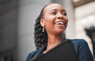 Face, happy black woman or lawyer thinking with smile, education or empowerment working in a law firm. Court, constitution or proud African attorney with knowledge, ideas or vision for legal agency