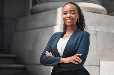 arms crossed, lawyer or portrait of happy black woman with smile or confidence working in a law firm
