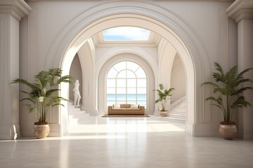 interior design of a huge mansion with the style of a monaster, some vegetation and plants. generati