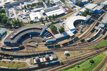Railway Turntable For Locomotives Aerial View Train Turntable,aerial Panorama Landscape View Fo Turning Table For Trains On The Railway

