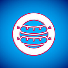 Canvas Print - White Sausage icon isolated on blue background. Grilled sausage and aroma sign. Vector