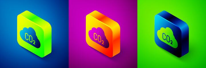 Poster - Isometric CO2 emissions in cloud icon isolated on blue, purple and green background. Carbon dioxide formula, smog pollution concept, environment concept. Square button. Vector