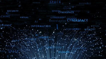 Artistic dark computer data cyberspace with tech word cloud animation.