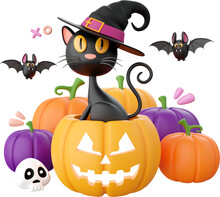 Black Cat With Jack O Lantern Pumpkin, Halloween Theme Elements 3d Illustration