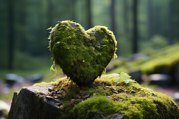 forest cemetery with a close-up of a wooden heart on moss. depicts a natural burial site in the wood