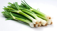 Isolated Fresh Green Onion Lying On A White Glossy Surface. Generative AI Technology.