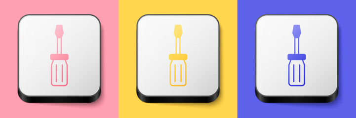 Poster - Isometric Screwdriver icon isolated on pink, yellow and blue background. Service tool symbol. Square button. Vector