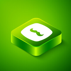 Poster - Isometric Mustache icon isolated on green background. Barbershop symbol. Facial hair style. Green square button. Vector