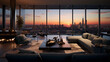 © Marco Attano - luxury penthouse suite, panoramic view of the city skyline at sunset, modern furniture, warm interior lighting