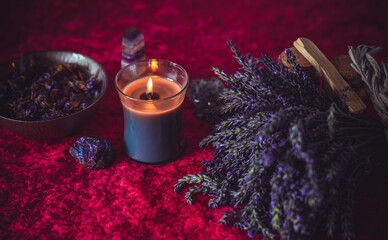 Magical scene, esoteric and wicca concept, fortune telling, witch stuff on a table	