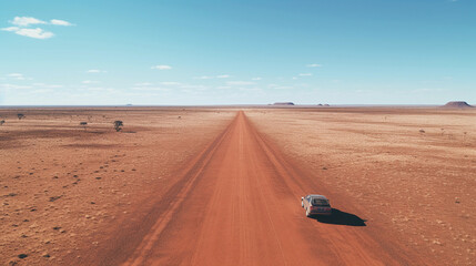 Wall Mural - Drone shot of a serpentine desert road, red sands, blue sky, a lone car driving, minimalistic