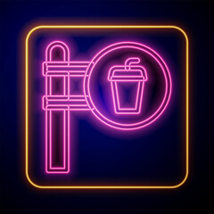 Canvas Print - Glowing neon Cafe and restaurant location icon isolated on black background. Fork and spoon eatery sign inside pinpoint. Vector.