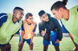© Daniels C/peopleimages.com - Soccer player, team talk and coach on field for tactics, sport and listen together for training, advice or fitness. Athlete men, group and mentor on pitch for exercise, football or teamwork in summer