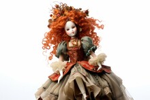 Old Porcelain Doll With Beautiful Dress. Red Haired Porcelain Doll On White Background