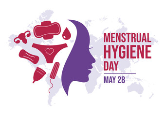 Menstrual Hygiene Day vector illustration. Women's menstrual products icon set vector. Menstrual pad, tampon, cup icons. Young woman face in profile purple silhouette vector. May 28 every year