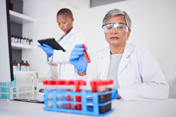 Poster - Science, blood and DNA with a doctor woman holding a laboratory sample for research or innovation. Healthcare, medical and study with a senior female scientist working in a lab for cure development