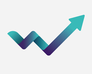 Upward direction arrow vector graphic icon showing business growth bar graph. Folded strip like arrow with gradient vector graphic symbol. Upward arrow fintech logo isolated on white background.