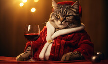 A cat in a santa suit sitting next to a glass of red wine.