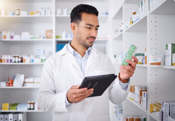 Poster - Man, pharmacist and tablet for medicine, stock check and reading in pharmacy store. Technology, inventory pills and medical doctor with pharmaceutical drugs, medication or supplements for healthcare.