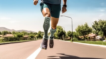 Man with prosthetic leg are running at park city, Fit young man with physical disability doing rehabilitation exercise routine.