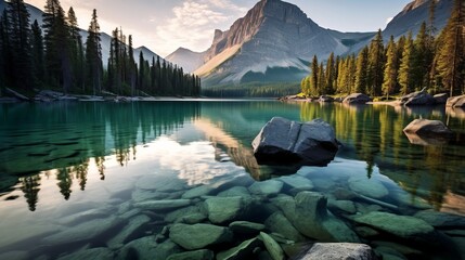 Wall Mural - body of water, calm body of water surrounded with trees and mountains, lake in the mountains, HD wallpaper, Generative AI