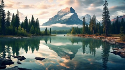 Wall Mural - sunrise over lake, body of water, calm body of water surrounded with trees and mountains, HD wallpaper, Generative AI