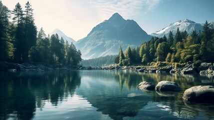 Wall Mural - body of water, calm body of water surrounded with trees and mountains, lake in the mountains, HD wallpaper, Generative AI