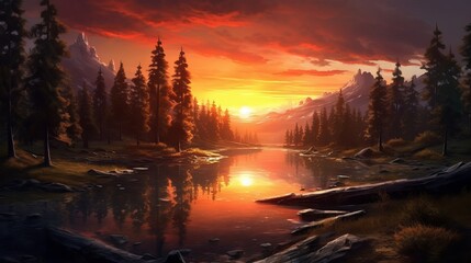 Poster - Capture the Magic of Nature: A Perfect Sunset Landscape Wallpaper, sunset over the river, Generative AI