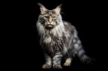 Adult Striped Maine Coon Cat Isolated On Black Background.