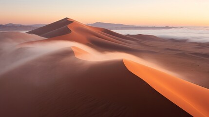 Wall Mural - Drone shot of sand dunes covered in thick fog, sunrise at the Namib desert, in Namibia, Generative AI