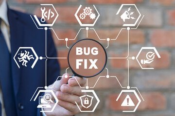 Wall Mural - man using magifier and virtual screen sees inscription: bug fix. fix computer, deleting malware, vir
