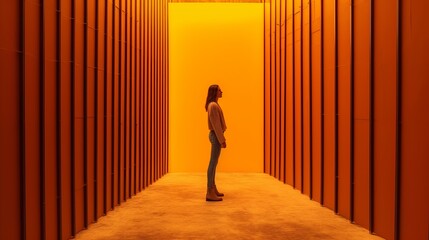 Wall Mural - Girl walking on the orange beam light in her face side of the wall - Silhouette of a person walking, wallpaper, Generative AI