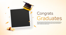 3d Graduation Cap Or Hat, Photo Frame Or Board, Placeholder, Polaroid, Diploma, Isolated On Background. Concept For Alumni Book, Memory, University, College, School, Graduated. 3d Vector Illustration