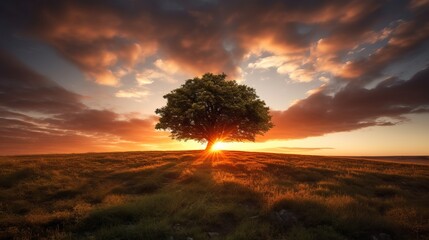 Wall Mural - tree in the sunset - wide angle shot of a single tree growing under a clouded sky during a sunset su