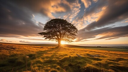 Wall Mural - wide angle shot of a single tree growing under a clouded sky during a sunset surrounded by grass, Generative AI