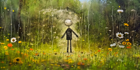 Enchanting contrast between a child-like stick figure man and flower, integrated beautifully onto a real natural backdrop. Generative AI