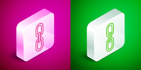 Canvas Print - Isometric line Chain link icon isolated on pink and green background. Link single. Hyperlink chain symbol. Silver square button. Vector