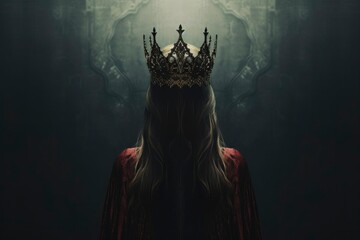 Beautiful queen in gothic style. Beautiful young woman in metal crown and black cloak. Photo from back without face