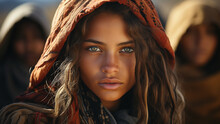 Close-up Portrait Of A Beautiful Young Woman With A Hood On Her Head.