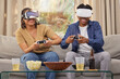 © Siyavuya M/peopleimages.com - Couple in digital world, virtual reality and video game, esports and people at home on futuristic gaming date. Time together, metaverse with man and woman in lounge, 3D games and tech with challenge