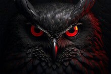 Black Owl With Red Eyes On Black Background
